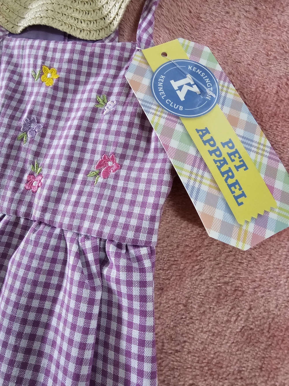 Kj Brand Lavender Gingham Embroidered Dog Sundress with Straw Hat "XS" - Picture 3 of 8